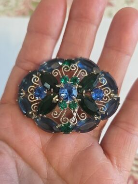 Blue Green Rhinestone Juliana Heart Scrolls Brooch